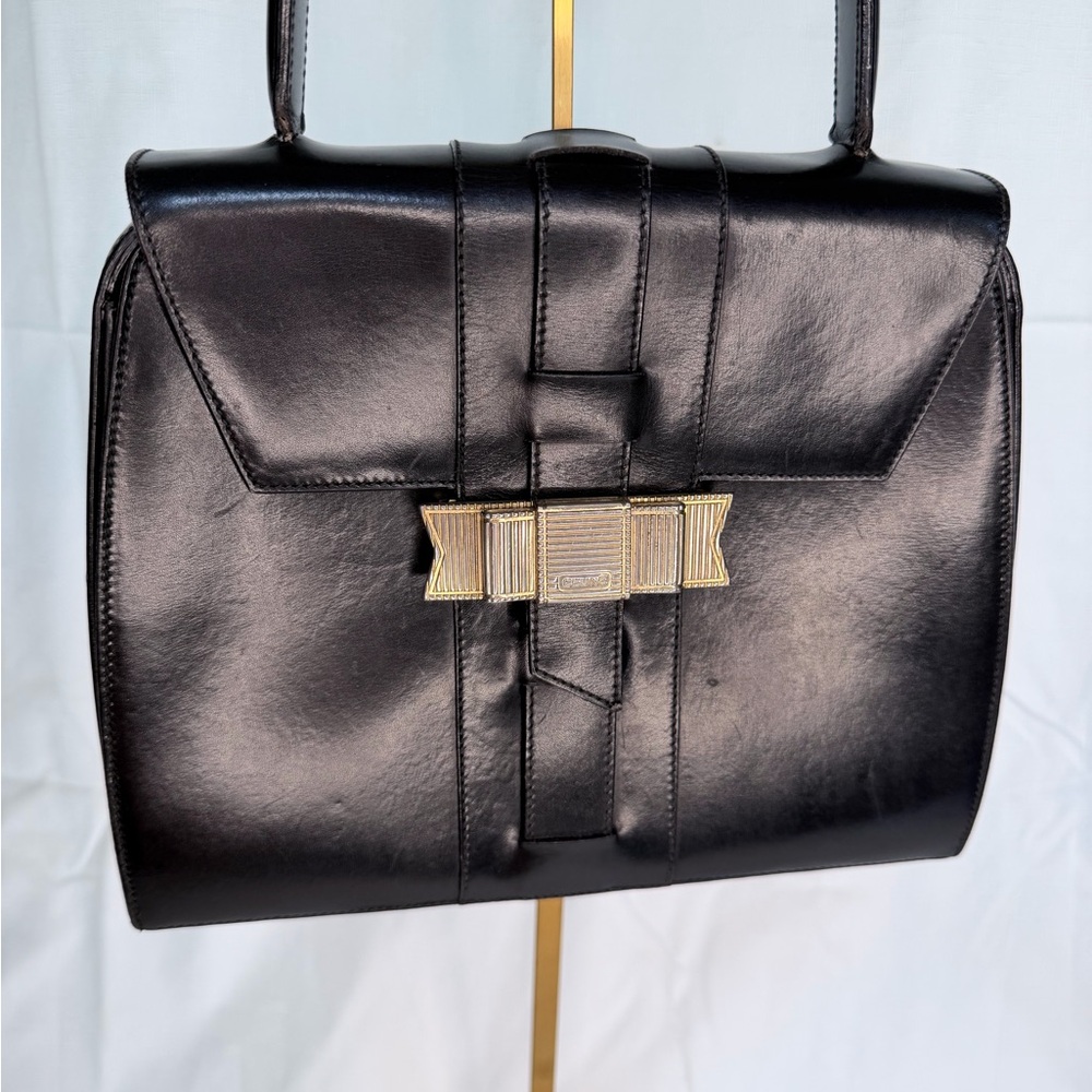 Celine Black Leather Shoulder Bag with Silver Bow Clasp - Rare Vintage